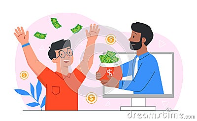Man holds out bag of money Vector Illustration