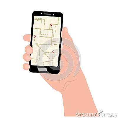 a man holds a phone with a map of the navigator of the city, color vector illustration Vector Illustration