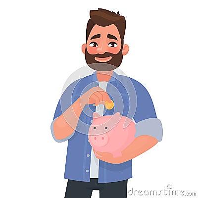 Man holds a piggy bank. Concept of saving finances. Vector illustration Cartoon Illustration