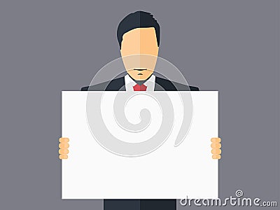 Man holds a placard. Man in a suit holding a white poster. Vector Illustration