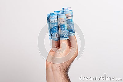 Man holds Russian money. Financial theme. Money in men`s hands Stock Photo