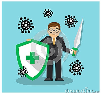 A man with a shield and sword fights the virus Vector Illustration