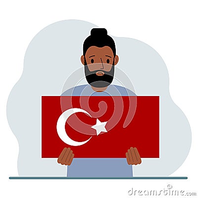 A man holds a Turkish flag in his hands. Concept for demonstration, national holiday, Turkey day or patriotism Vector Illustration