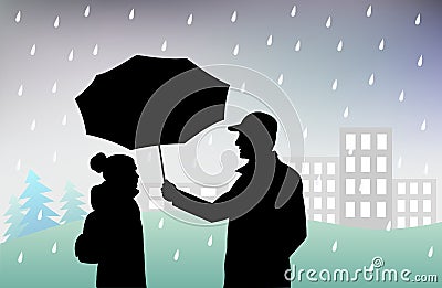 Man holds an umbrella over girl, protecting her from rain, bad rainy weather Stock Photo