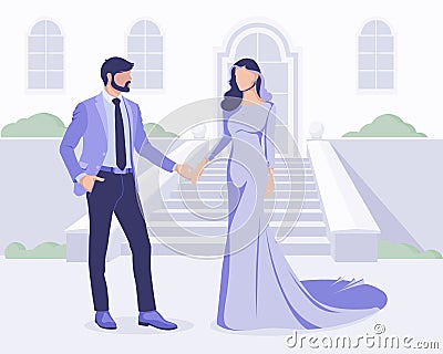 A man holds a woman by the hand and accompanies her. A man meets a woman on the stairs. Festive event for the couple. Vector illus Vector Illustration