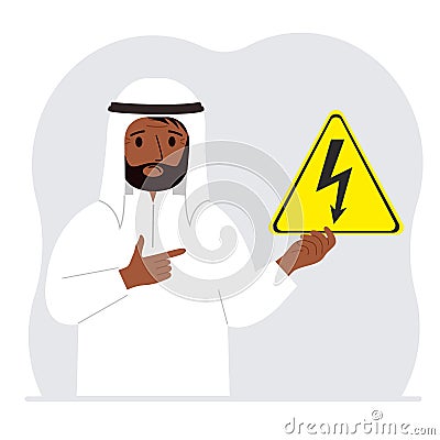 A man holds a yellow triangular warning sign with a black lightning in his hand. The concept of the danger of electric Vector Illustration