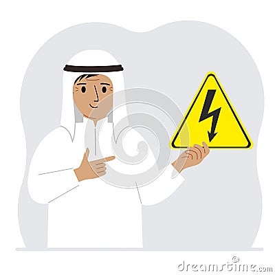 A man holds a yellow triangular warning sign with a black lightning in his hand. The concept of the danger of electric Vector Illustration