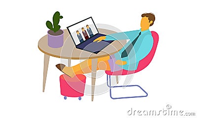 man at home leads a conference. Remote work Vector Illustration