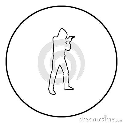 Man in the hood with gun Concept danger short arm icon black color illustration in circle round Vector Illustration