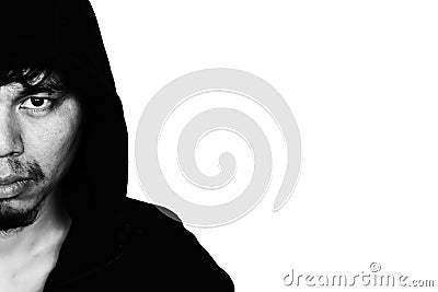 man in hood with scary face isolated on wihte Stock Photo