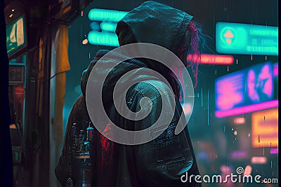 Man in a hood on the street at night in the rain. Stock Photo