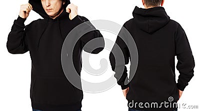 Man hoody set, black hoody front and back view, hood mock up. Empty male hoody copy space. Front and rear background Stock Photo