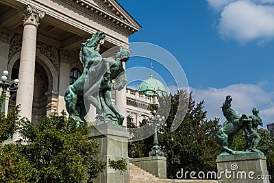 Man and Horse Statue in front of the Parliament of Serbia in Belgrade, or the National Assembly of Serbia Editorial Stock Photo