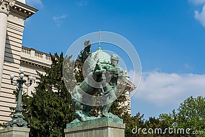 Man and Horse Statue in front of the Parliament of Serbia in Belgrade, or the National Assembly of Serbia Editorial Stock Photo