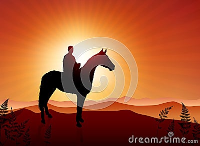 Man on horse sunset background Cartoon Illustration