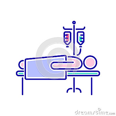 Man in hospital ward with dropper color line icon. Postoperative therapy. Isolated vector element. Outline pictogram for web page Cartoon Illustration