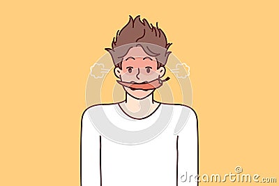 Man with hot chili or in teeth blushes and blows smoke from ears for metaphor of anger Vector Illustration