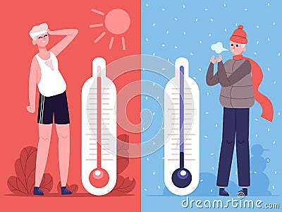 Man in hot and cold weather. Outdoor temperature thermometers, weather influence human. Male character in summer and Vector Illustration