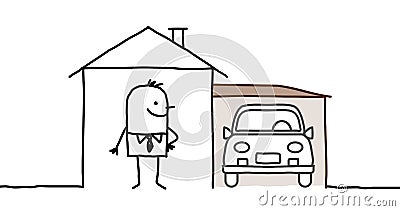 Man & house with garage Vector Illustration