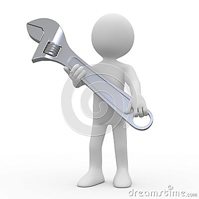 Man with a huge adjustable spanner Stock Photo