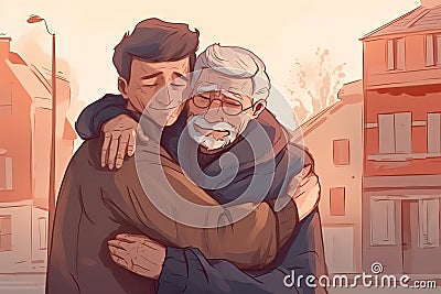 Man hugging his elderly father on the street. Family support and care. Generative AI Stock Photo