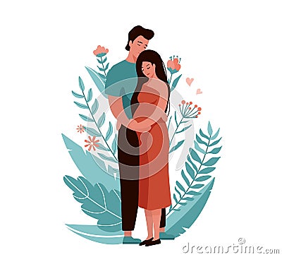 Man hugging and kissing pregnant woman. Happy family couple vector illustration. Husband and wife concept with floral Vector Illustration