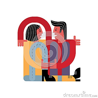 A man hugs a woman. Lovers sit together. Card for Valentine`s Day. Vector Illustration