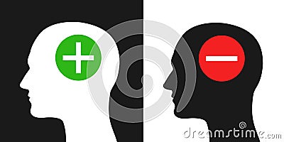 Man, human and character with positive or negative thinking, mind and mental attitude. Vector Illustration