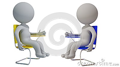 Man human character sitting on student oposite side discusing chair 3d isolated background - 3d rendering Stock Photo