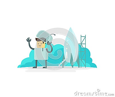 Man human spacesuit character luck cute spaceman move ones hand to and fro in greeting. Astronaut near the spaceship Vector Illustration