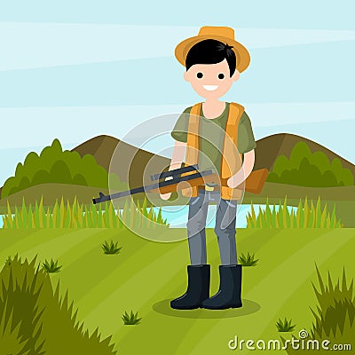 Man hunter with a gun. Survival in the woods. Equipment for hunting animals. Vector Illustration