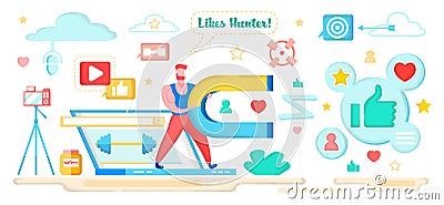 Man Hunter Holding Magnet and Attracting Users. Vector Illustration