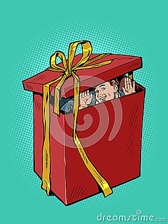 man husband red gift box christmas or birthday. surprise purchase, holiday sale Vector Illustration