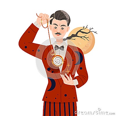 Man Hypnotist with Pendulum Practicing Hypnosis Focusing Attention Vector Illustration Vector Illustration