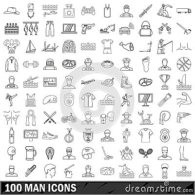 100 man icons set, outline style Vector Illustration