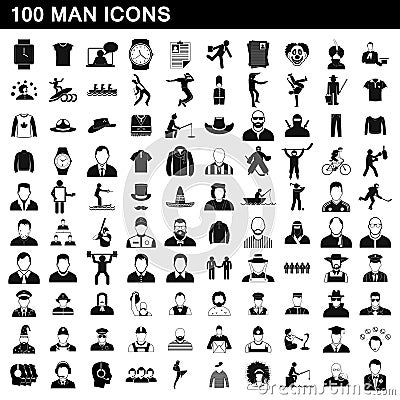 100 man icons set, simple style Vector Illustration