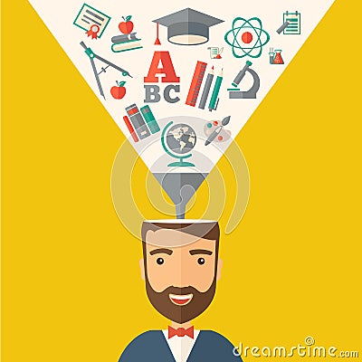 Man with icons. Student ideas. Cartoon Illustration