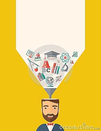 Man with icons. Student ideas. Cartoon Illustration