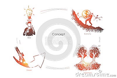 Man with idea, businessman carrying coin, woman drawing arrow, trees with interlacing roots, metaphors banner Vector Illustration