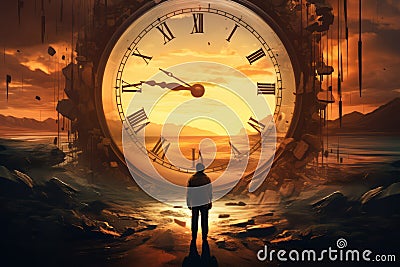 Man infront of huge clock. Time passing, time importance, destiny concept. Cartoon Illustration