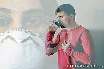 Man with inhaler asthma and a doctor during the coronavirus crisis Stock Photo