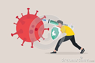 Man injects a large syringe into the Coronavirus pathogen, prevention, immunization, COVID-19 Virus Vaccine Vector Illustration