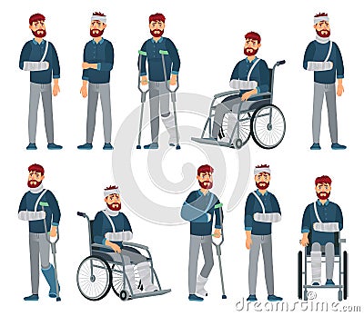 Man with injury. Wheelchair man with broken arm and leg in gypsum. Sad male character with different accident injuries Vector Illustration