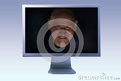 Man inside computer tv screen Stock Photo