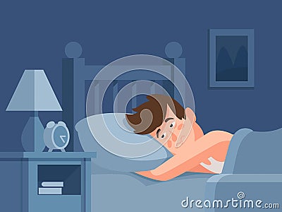 Man with insomnia lying in bed at dark night background. Sleepless person awake with tired face cartoon vector Vector Illustration