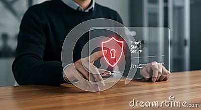 Man Interacting with Firewall Security Interface on Transparent Display Screen Stock Photo