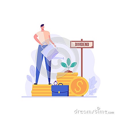 Man invests in share, receive dividends. Concept of return on investment, financial solutions, passive income, equity stake. Vector Illustration