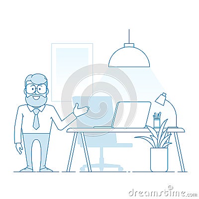 A man invites you to work in a comfortable and modern office Vector Illustration