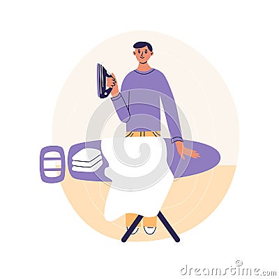 Man ironing in board and folding clothes at home. House husband doing daily routine home work. Flat cartoon vector Vector Illustration