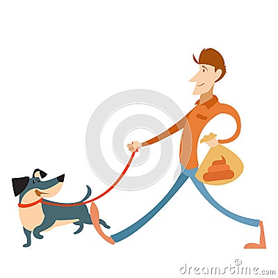 Man with its dog and a bag for gogs poop Vector Illustration